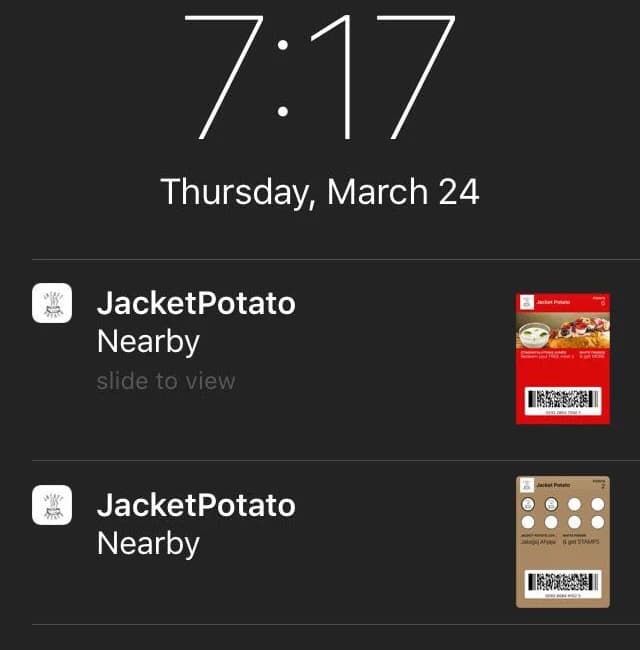 BLE proximity: a "Nearby" reminder as the customer approaches the store.